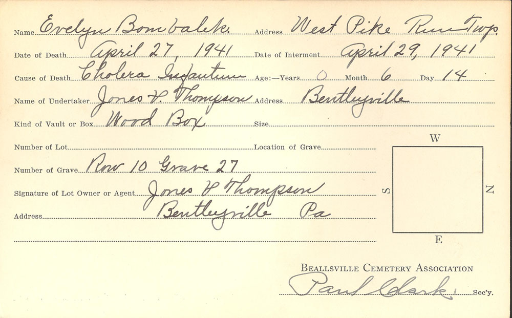 Evelyn Bombelek burial card